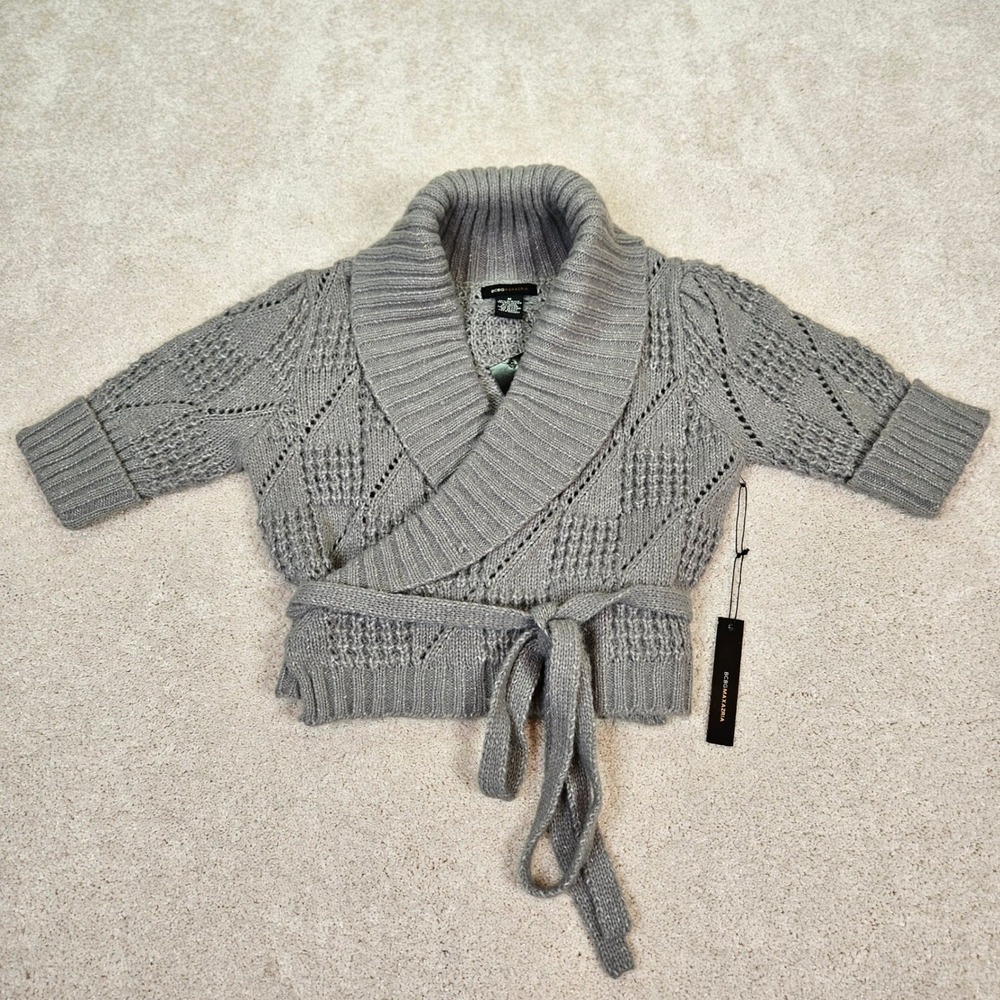 BCBGMAXAZRIA Women Silver Shawl Collar Wrap Cardigan Sweater M Quiet Luxury Chic